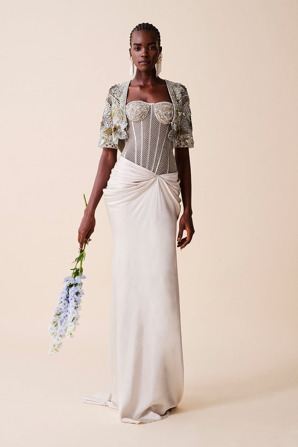 corset dress with cape GLS GL3704 Long Fitted Beaded Cape Evening Formal Dress