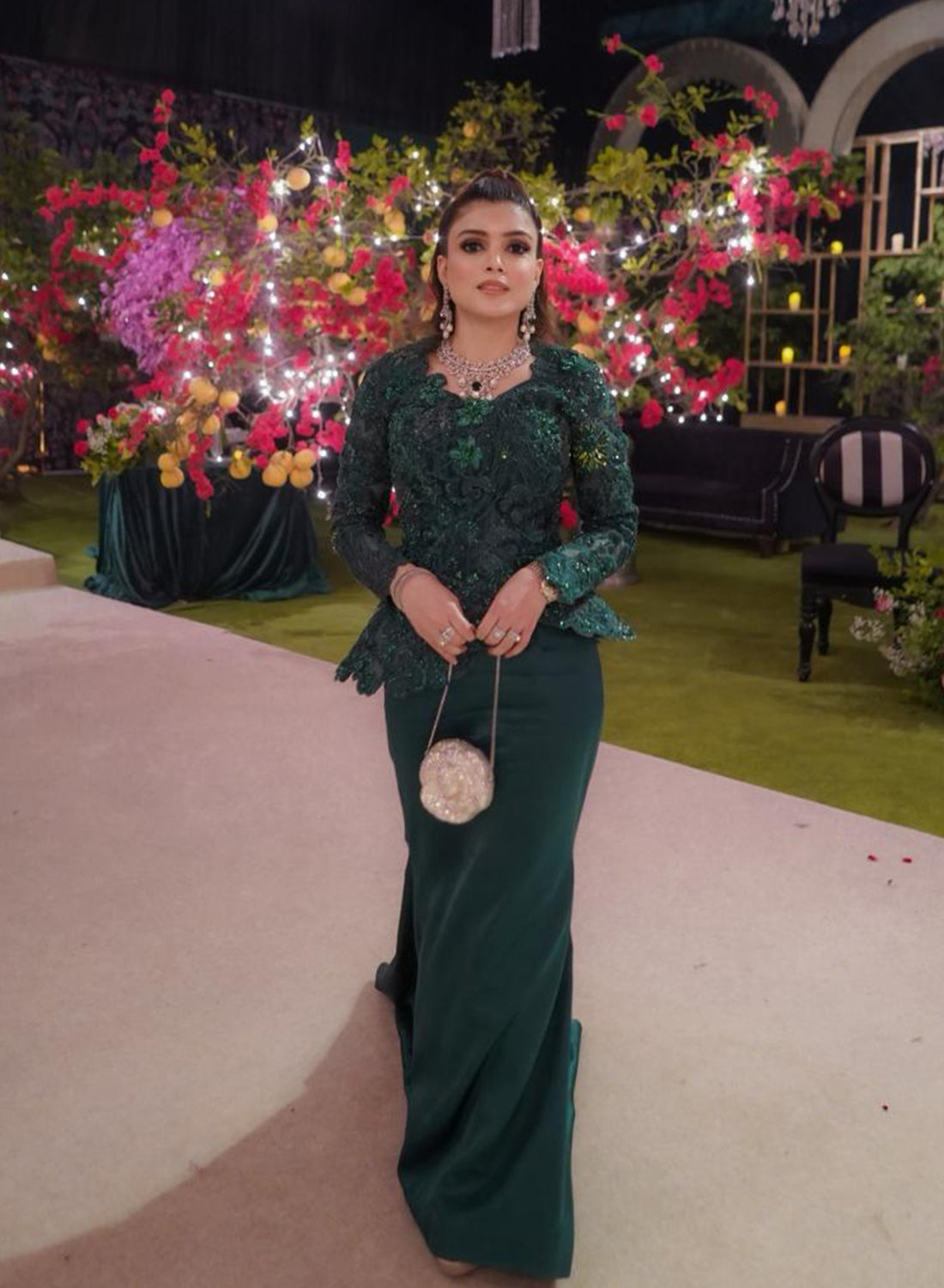 Hina Malik in Custom Emerald Green Enchanted Garden