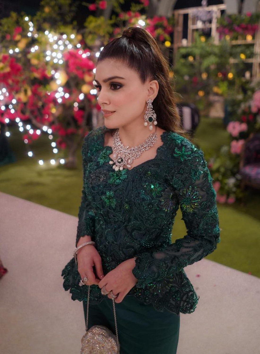 Hina Malik in Custom Emerald Green Enchanted Garden