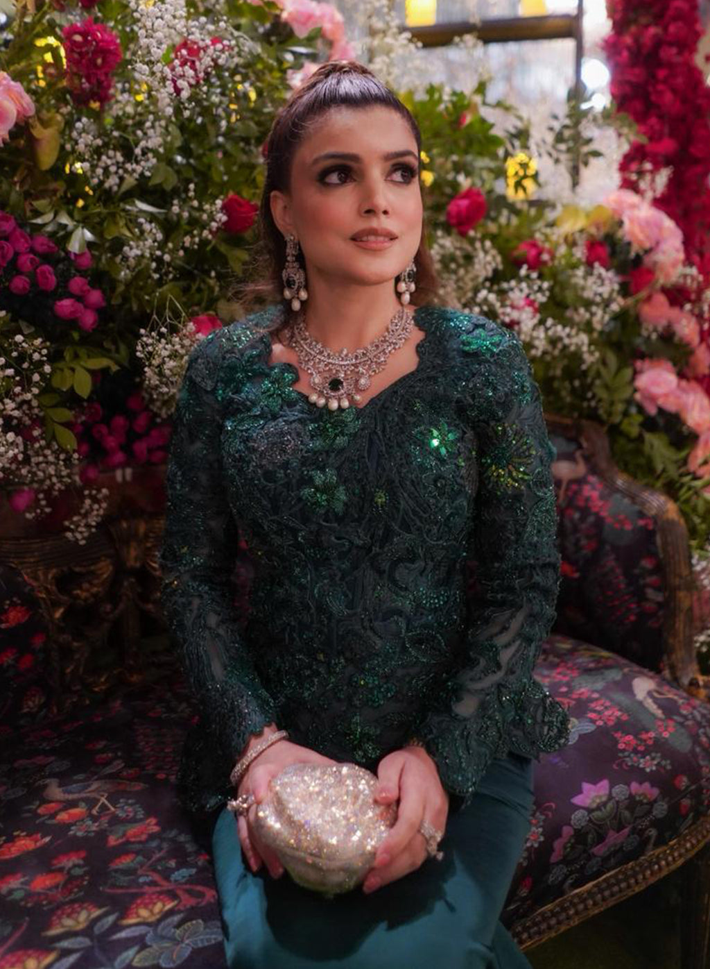 Hina Malik in Custom Emerald Green Enchanted Garden