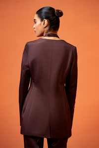 Doja Cat brown halter jacket with back knot bootleg pants