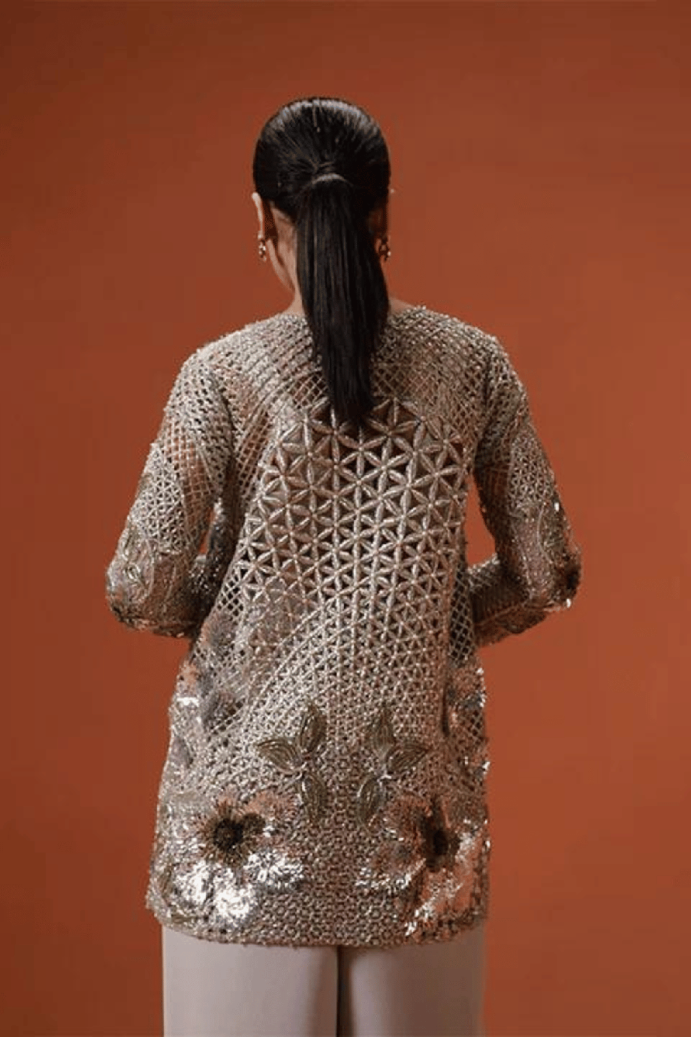 Silver Soiree Jacket with Pre-Draped Pants with Bustier