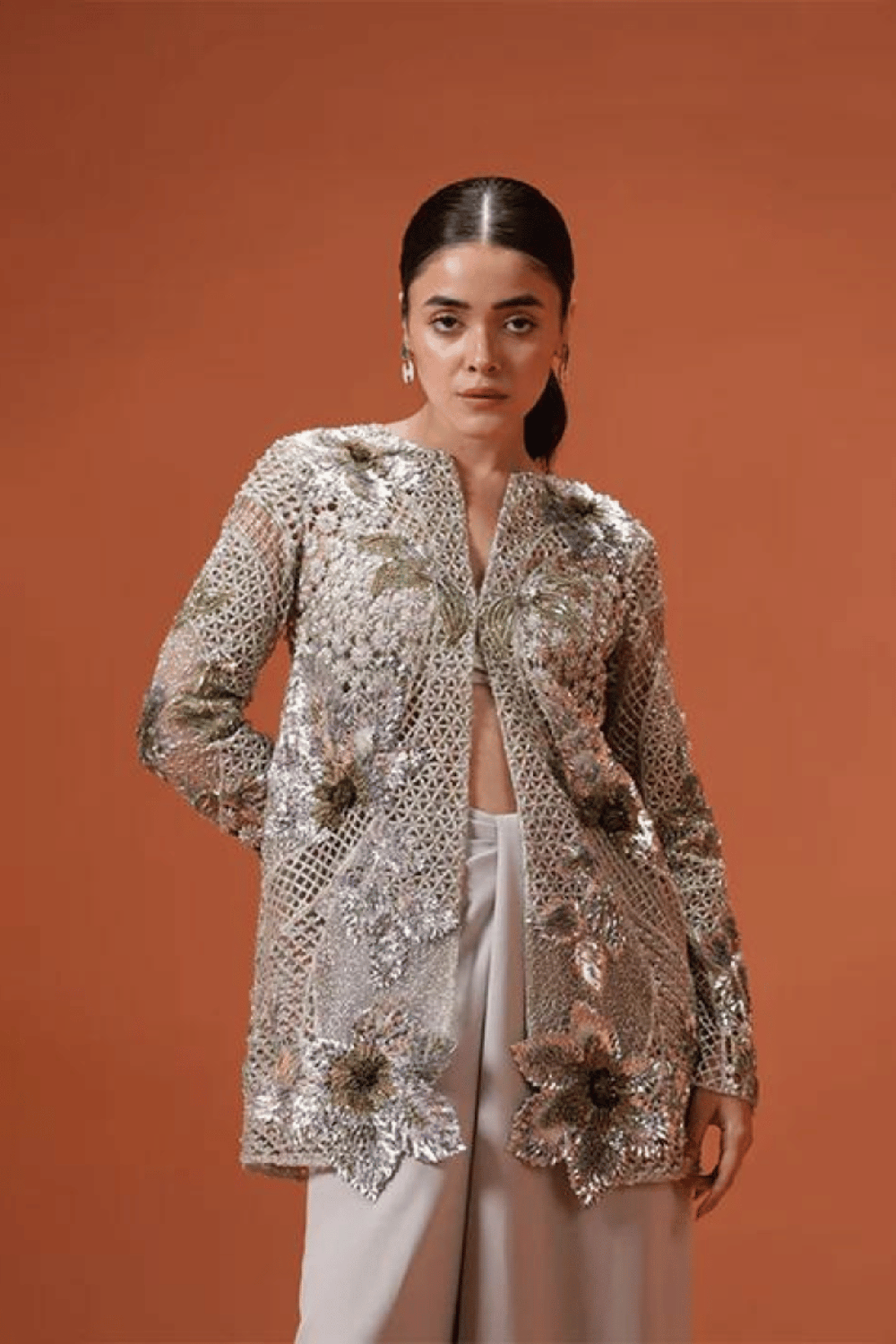 Silver Soiree Jacket with Pre-Draped Pants with Bustier