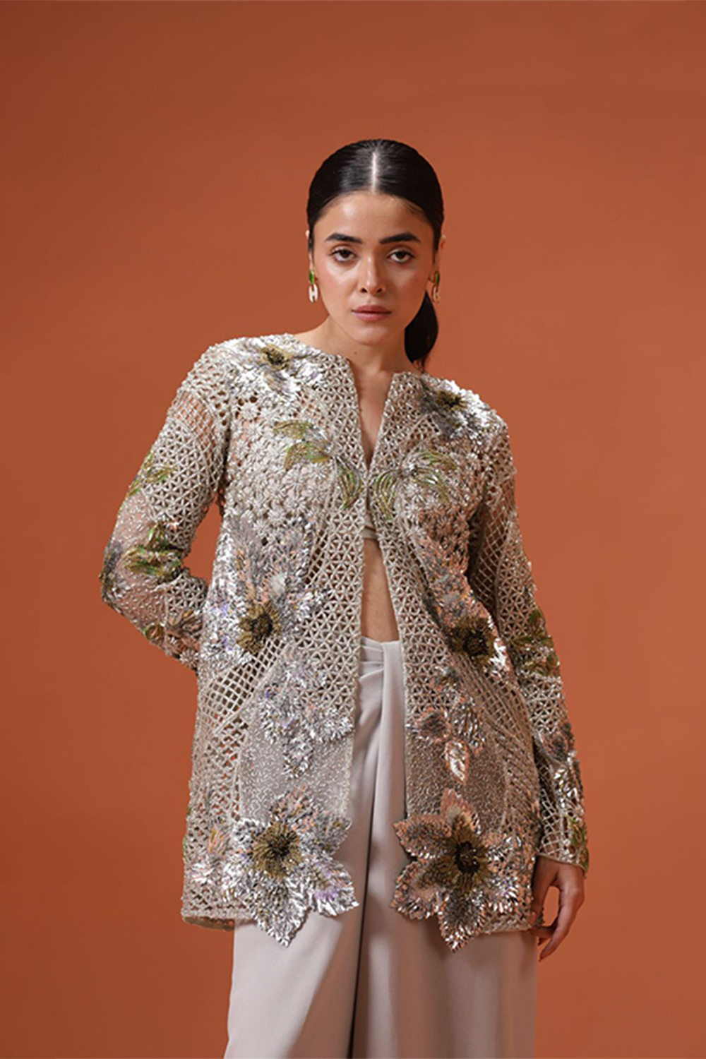 Silver Soiree Jacket with Pre-Draped Pants with Bustier